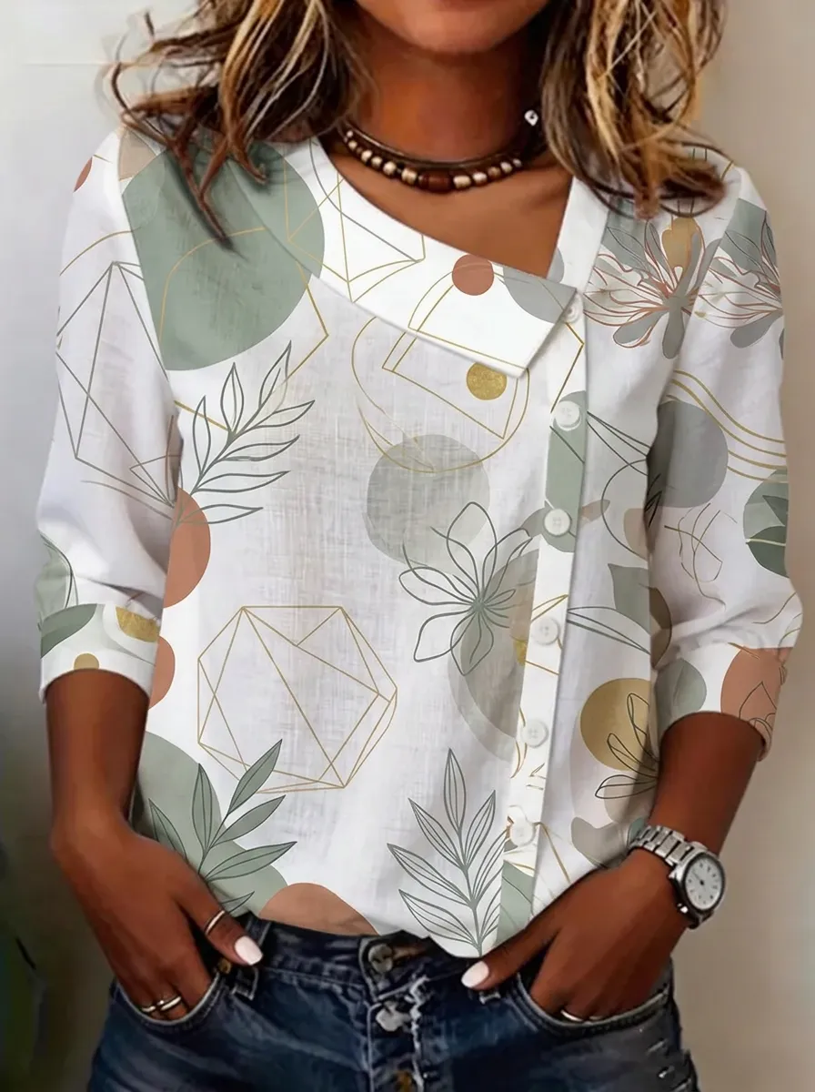 Women's Nashville Geometric Floral Printed Asymmetric Button Shirt