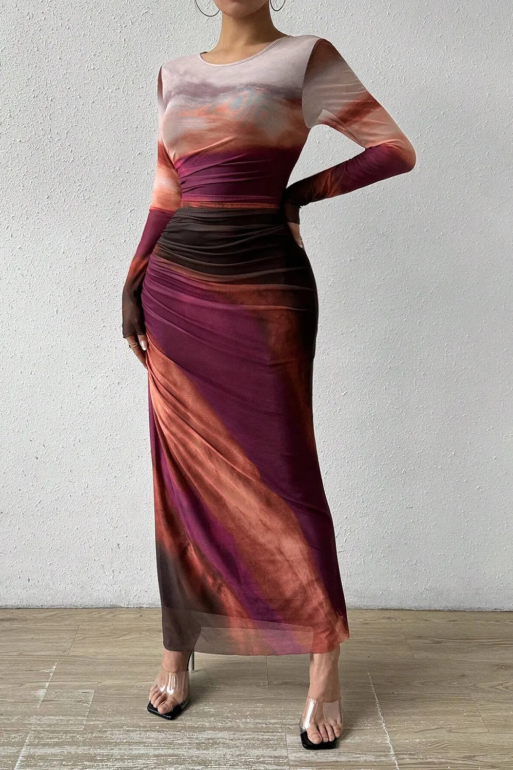 Women's Tie Dye Long Sleeve Pleated Dress Multicolor