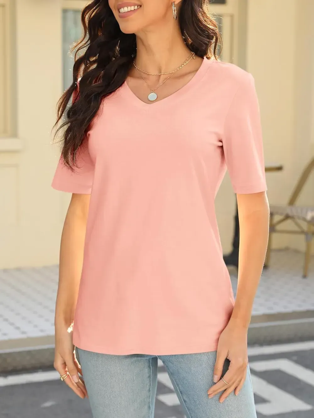 ORANDESIGNE Women's Color Block Short Sleeve T Shirts Casual V Neck Summer Tops Tees Loose Fit Blouses