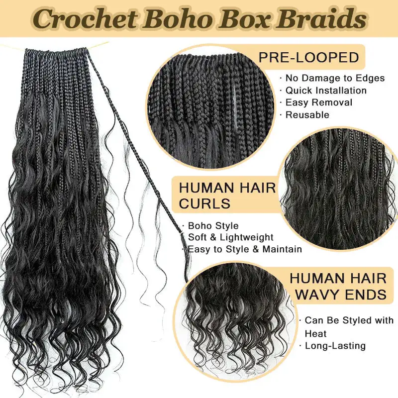 Pre-looped Crochet Human Hair Boho Box Braids Loose Deep Wave Human Hair Curls Ends, Reusable Hair