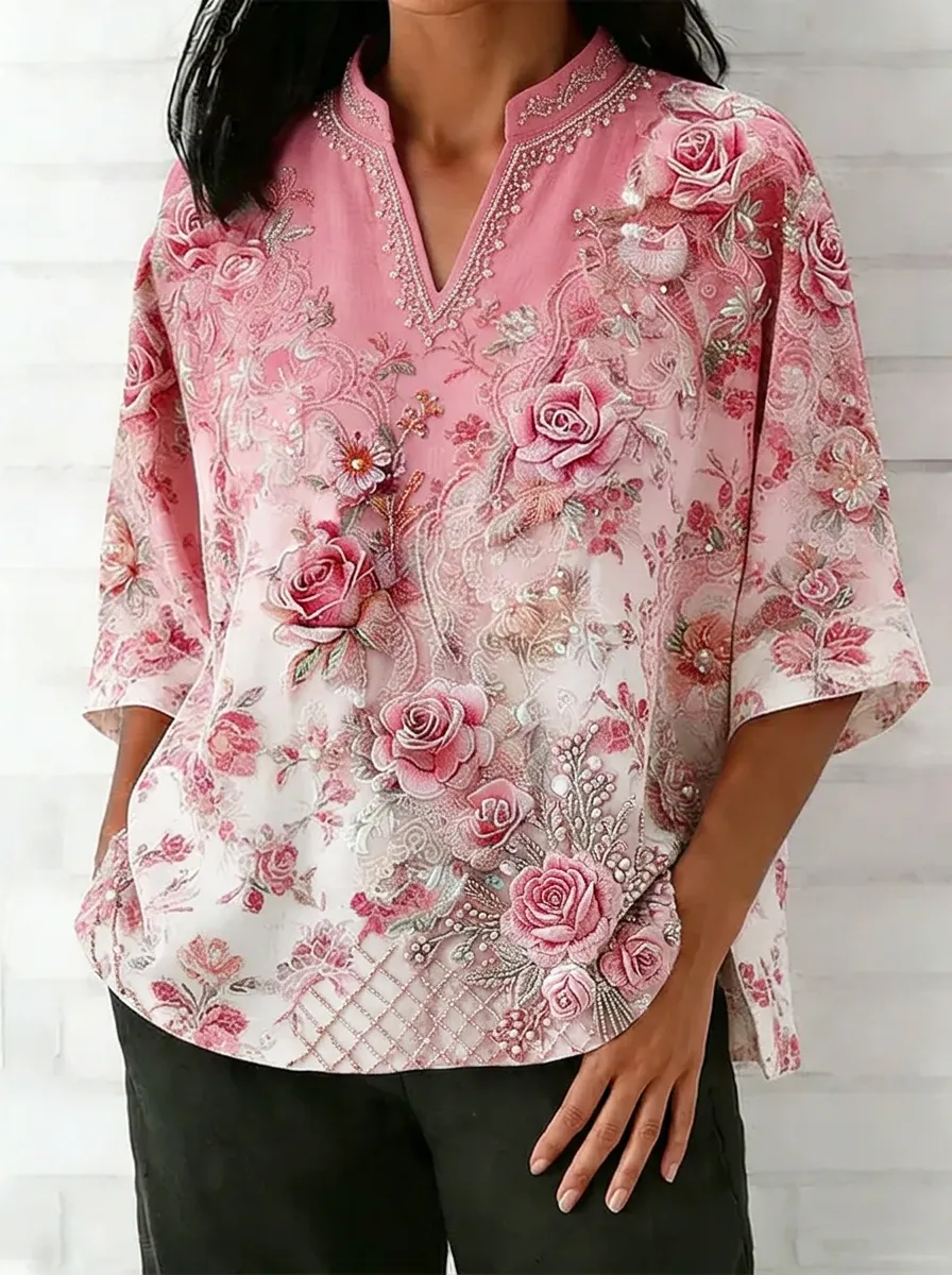 Women's Nashville Floral Rose Pattern Printed V-neck Top