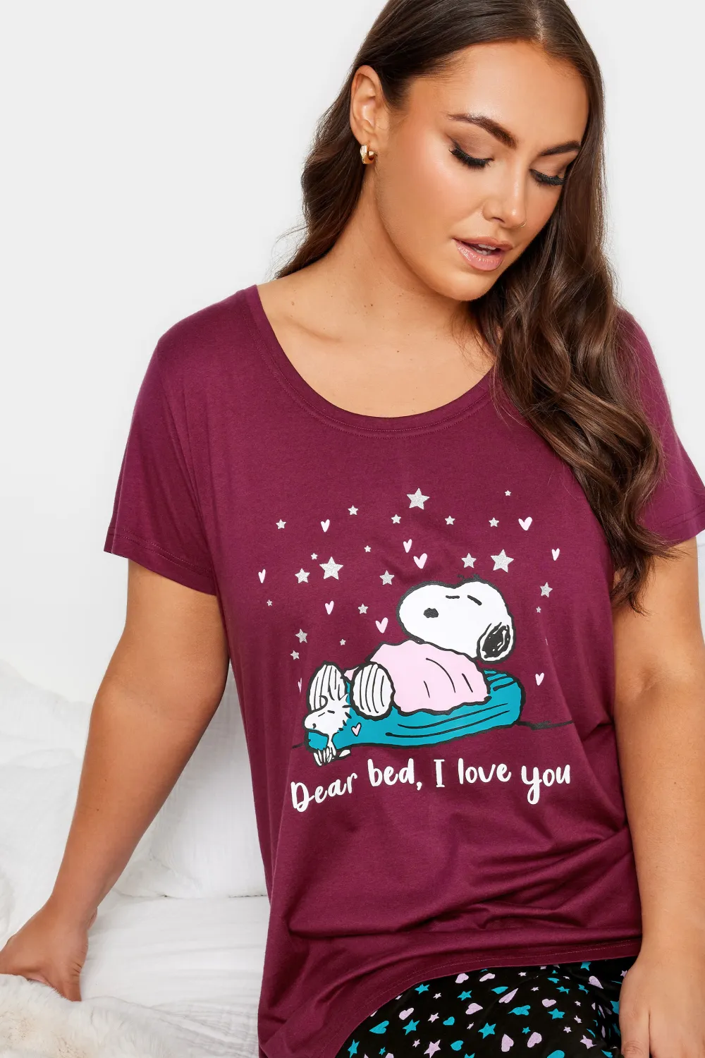 YOURS Curve Burgundy Red 'I Love You Snoopy' Slogan Pyjama Set