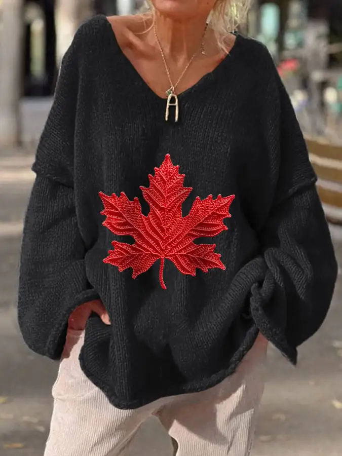 Women's Canadian Maple Leaf Casual Sweater V-Neck Top