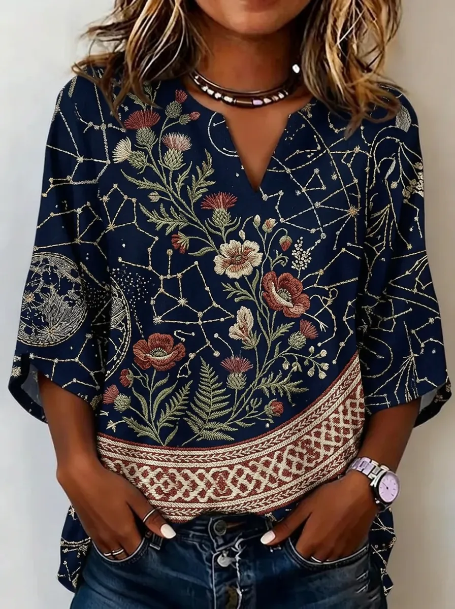 Women's Nashville Floral Constellation Printed V-Neck Top