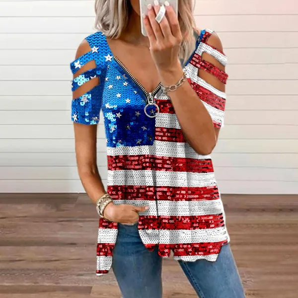 Women's Independence Day Printed V-neck Zipper Casual T-shirt