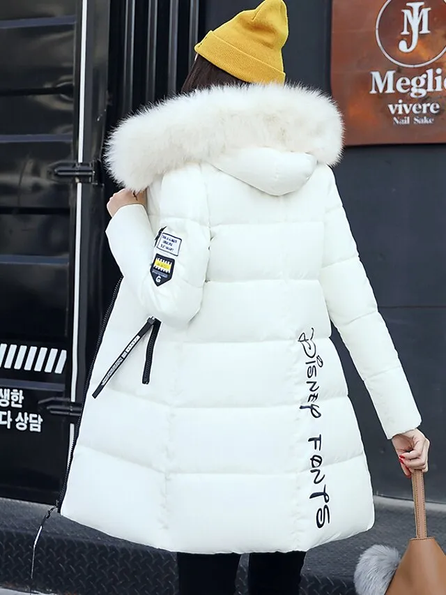 Women's Puffer Jacket Long with Pockets Slim Fit Fur Collar Coat powder Bean Green White Black Gray Classic Style Christmas Winter Zipper Hoodie Regular Fit M L XL XXL XXXL / Daily / Windproof