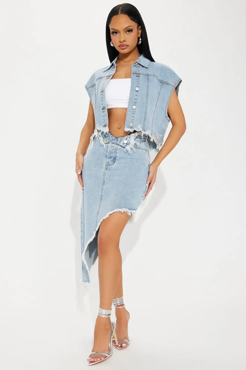 On Stage Denim Skirt Set - Light Wash