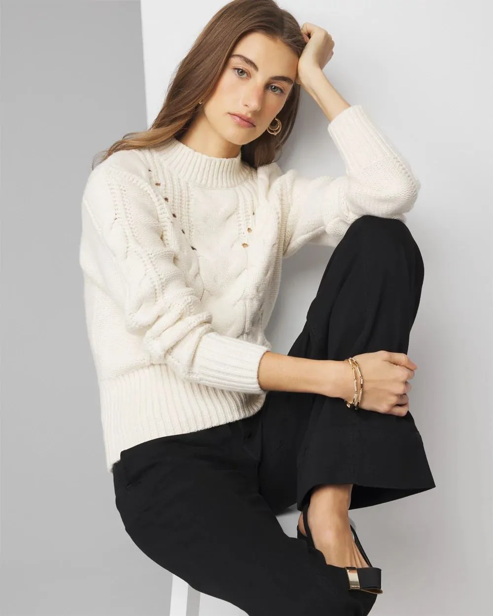 Cabled Mock Neck Pullover Sweater