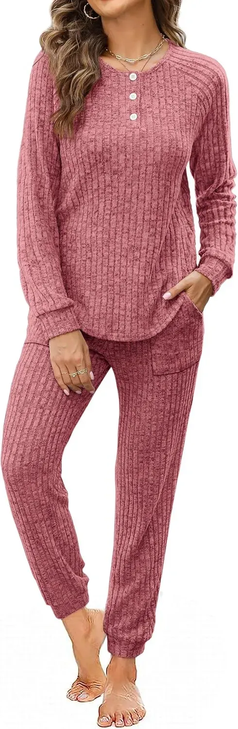 Two Piece Outfits for Women Lounge Sets Button Down Sweatshirt Sweatpants Sweatsuits Set with Pockets