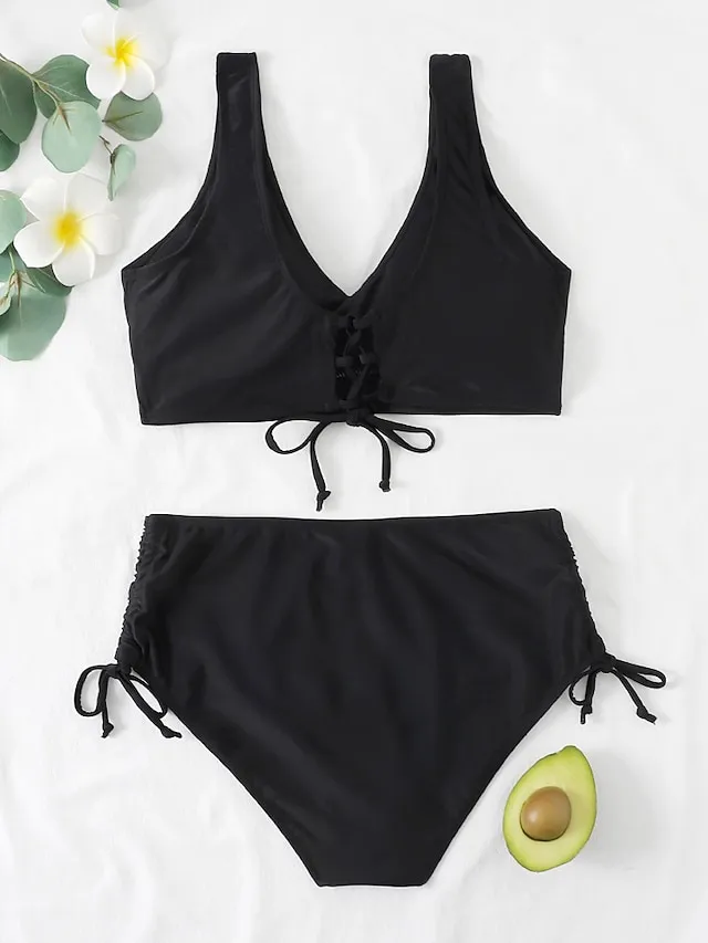 Women's Swimwear Bikini 2 Piece Normal Swimsuit Pleated 2 Piece High Waist Open Back Sexy Pure Color Black Red Fuchsia Green Padded V Wire Bathing Suits Sexy Vacation Stylish