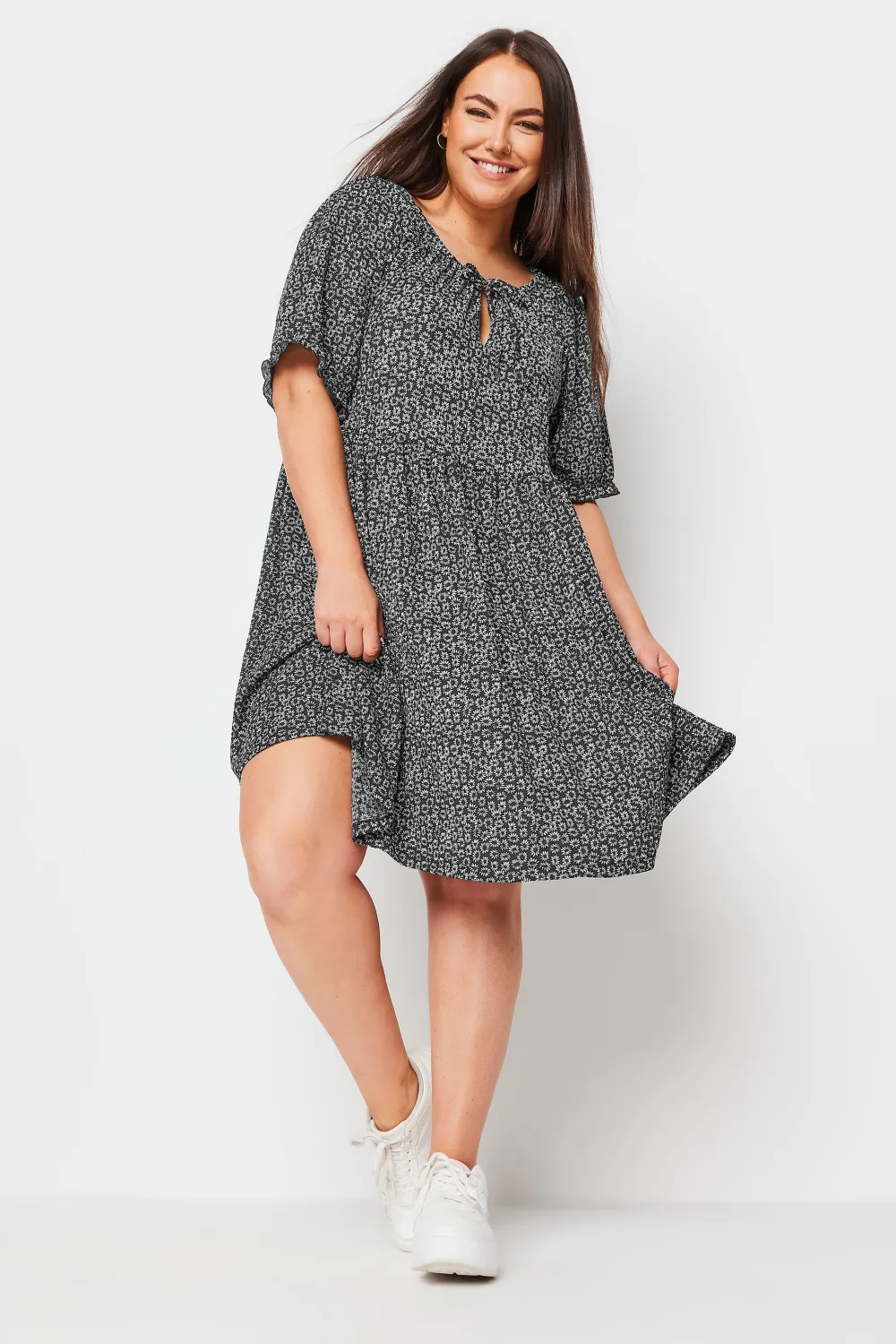 YOURS Curve Black Floral Print Textured Mini Dress