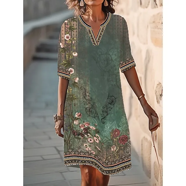 Women‘s Casual Dress Shift Dress Midi Dress Green Half Sleeve Floral Print Fall Spring Summer V Neck 2023 S M L XL XXL 3XL