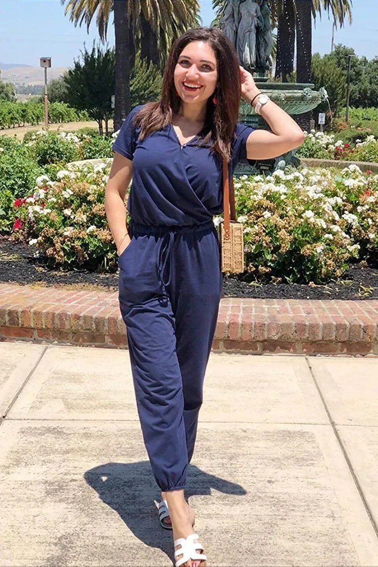 Deep V Neck Wrap Drawstring Waist Jumpsuit