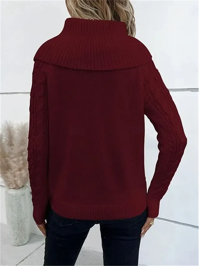 Women's Sweater Pullover Sweater Jumper Casual Soft Pure Color Ribbed Turtleneck Buttons Knitted Long Sleeve Regular Tops Knit Outdoor Daily Weekend Wine Khaki Fall Winter
