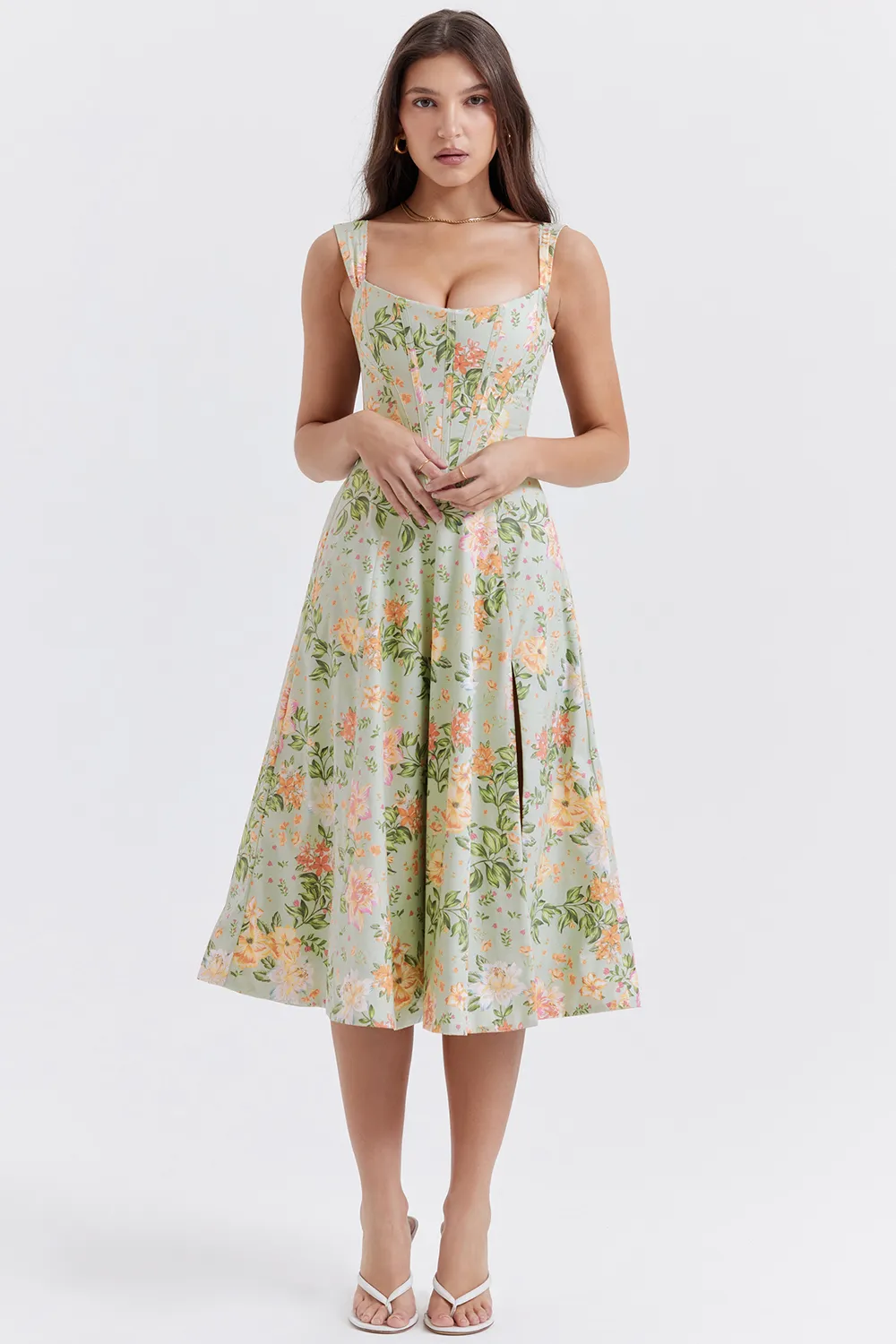 FLORAL LACE-UP CORSET A-LINE SUN DRESS