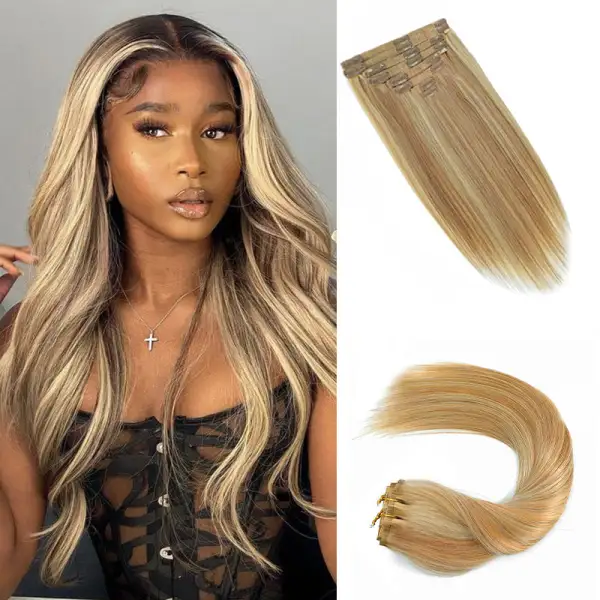 Colored Seamless Clip In Hair Extensions PU Weft Clip Ins 8pcs With 18 Clips