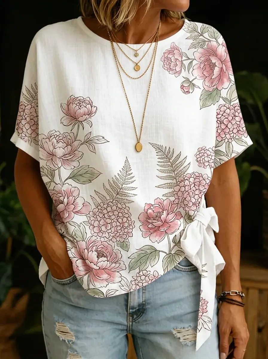 Women's Nashville Floral Peony Fern Printed Tie-Side Top