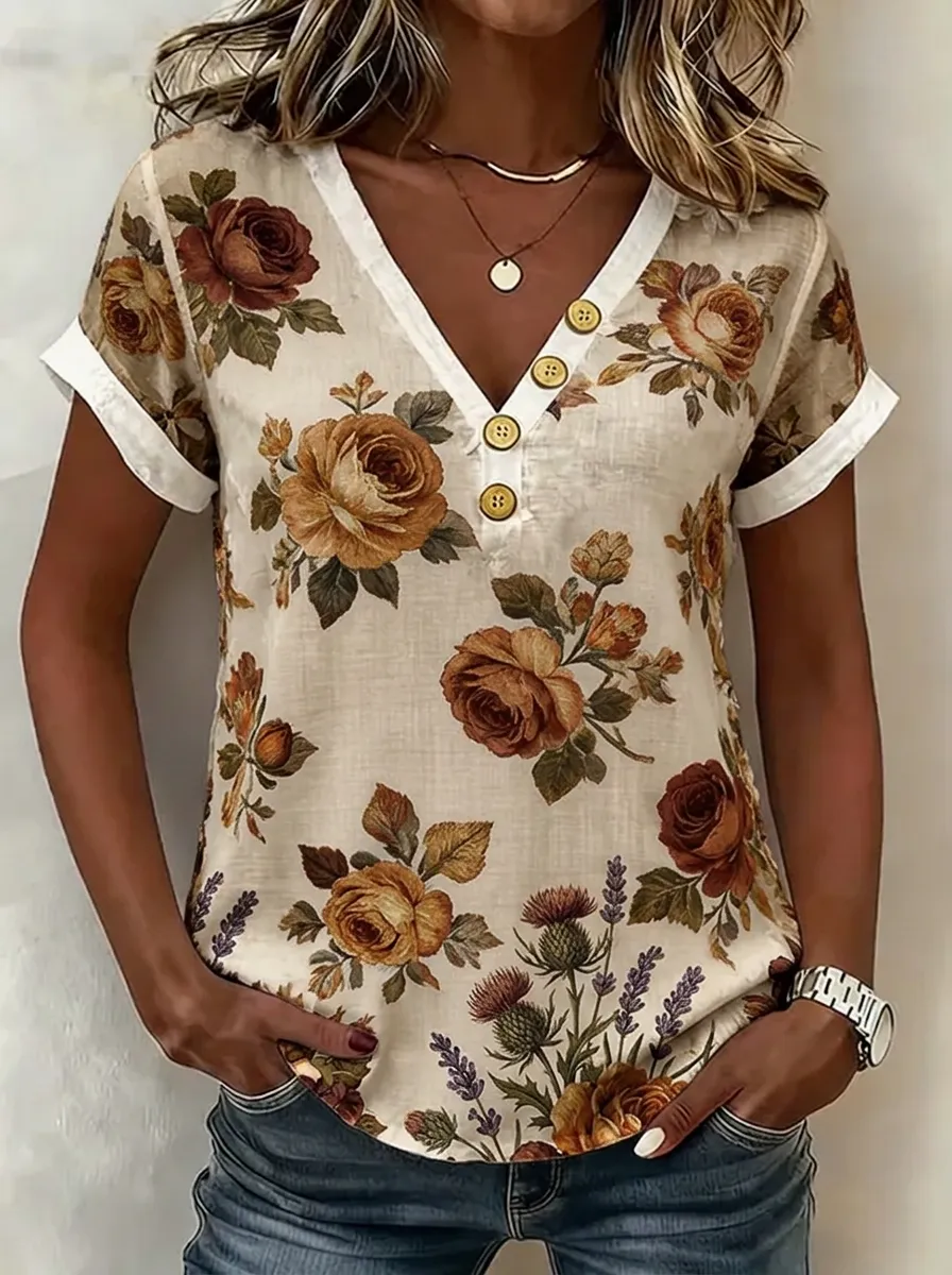 Women's Nashville Floral Rose Printed V-Neck Button Top