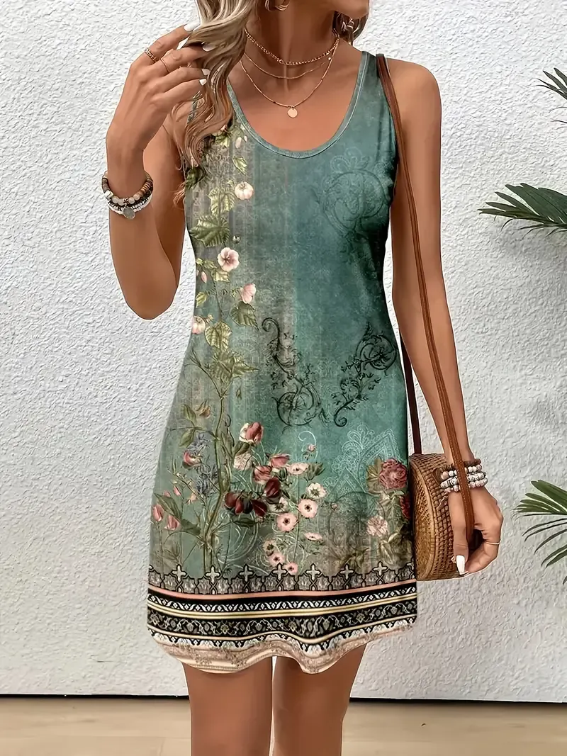 Women's Floral Print Sleeveless Tank Dress, Polyester 95% Spandex 5% Knit Fabric, Crew Neck Casual Loose Fit Spring/Summer Top