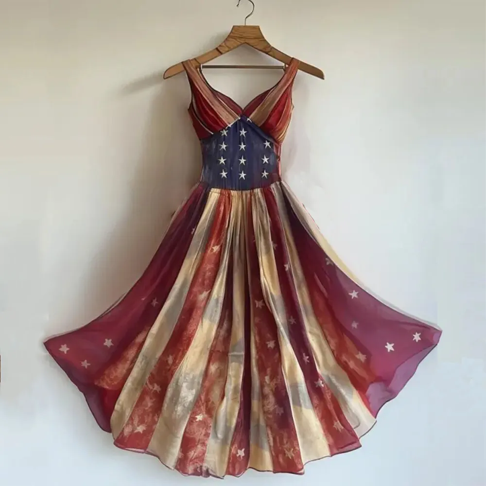 Women's Vintage Independence Day Flag Themed Suspender Dress