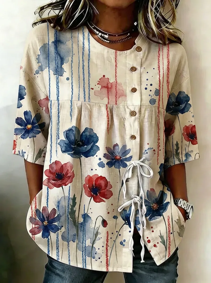 Women's Nashville Floral Watercolor Printed Button-up Top