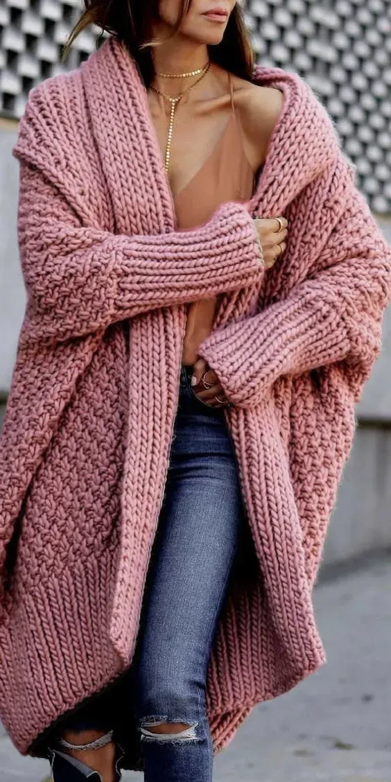 Winter women's sweater extra thick long knit coat