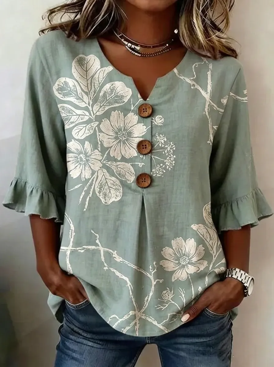 Women's Nashville Floral Botanical Printed Button V-Neck Top