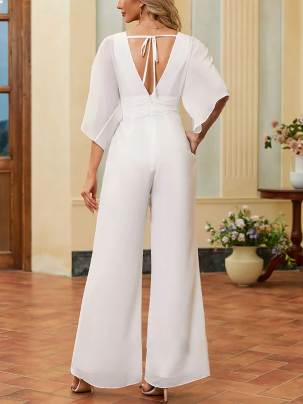 Jumpsuit/Pantsuit V-Neck Floor-Length Chiffon Wedding Dress With Pleated