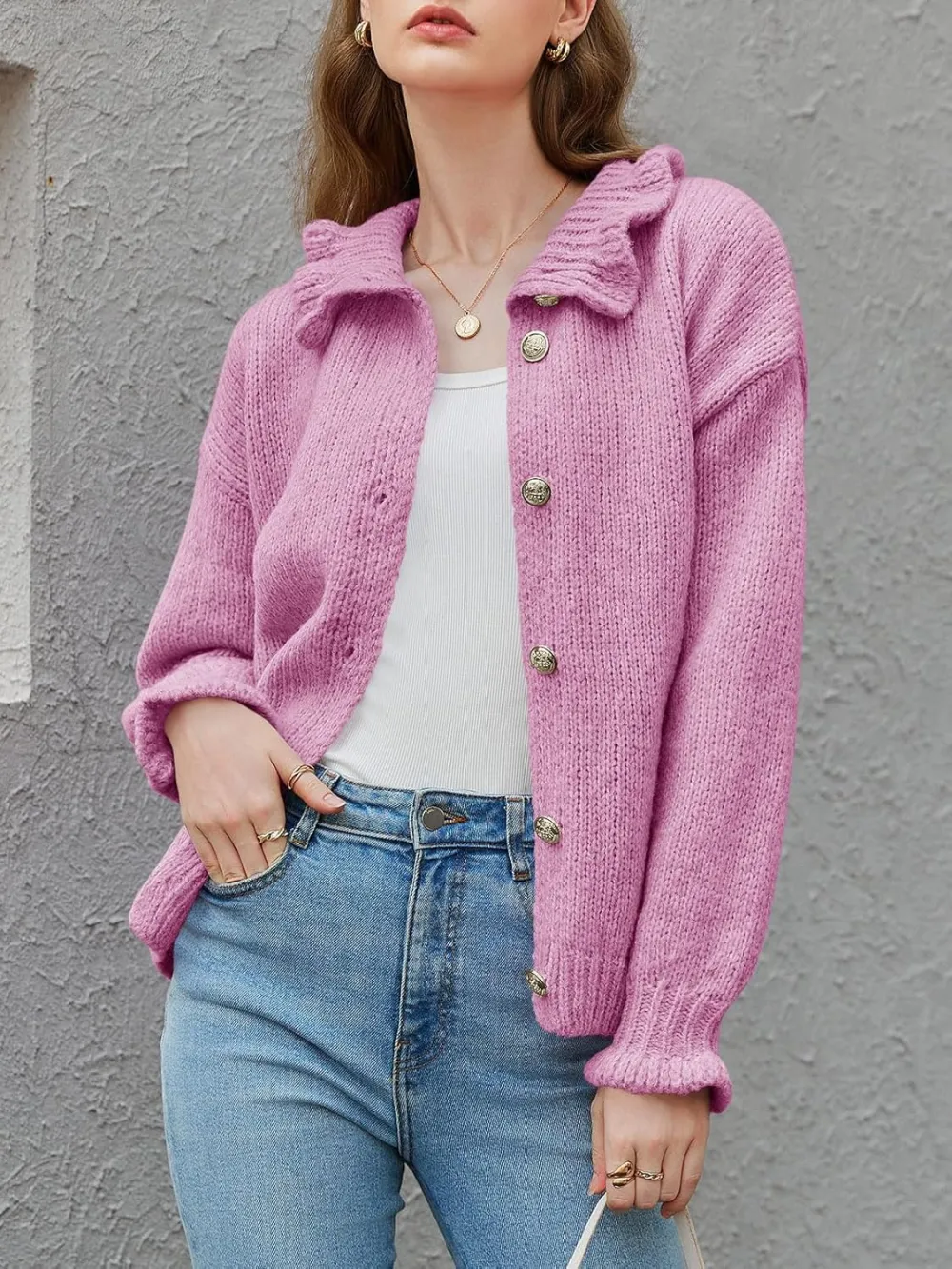 🎄Hot Sale Ruffle Cardigan Oversized Button Up Ribbed Knit Open Front Long Sleeve Loose Sweater