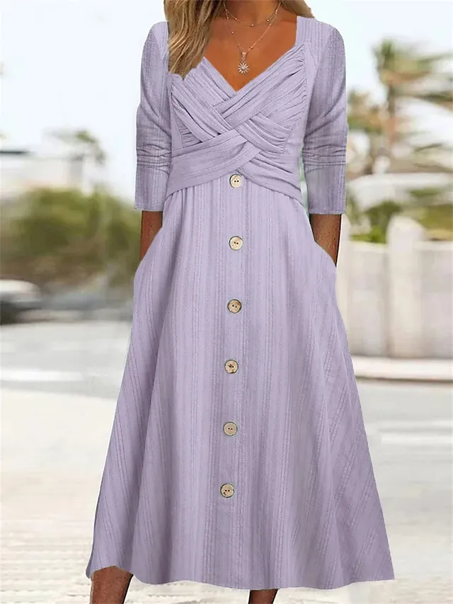 Women's Casual Dress Pleated Dress Plain Dress Plain Ruched Button V Neck Midi Dress Fashion Mature Outdoor Street Half Sleeve Loose Fit White Purple Green Summer Spring S M L XL XXL