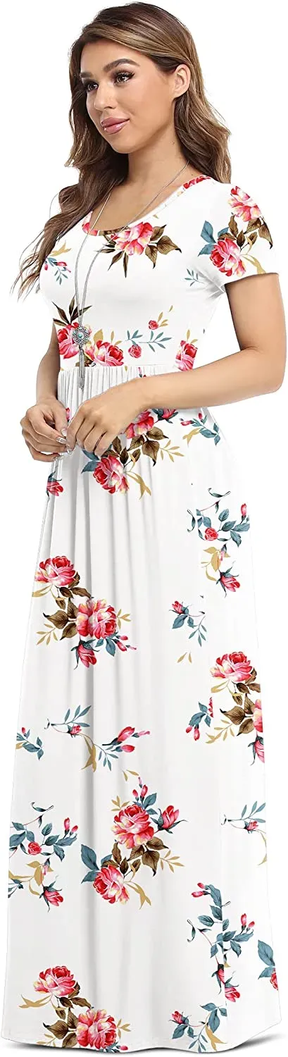 Women's Short Sleeve Loose Plain Maxi Dresses Casual Long Dresses with Pockets