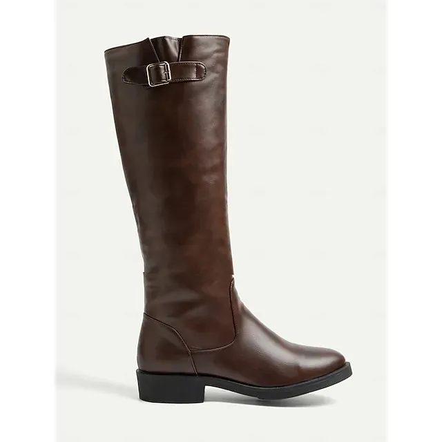 Elegant Women's Brown Leather Riding Boots with Side Zipper and Buckle Detail, Perfect for Equestrian and Casual Outfits