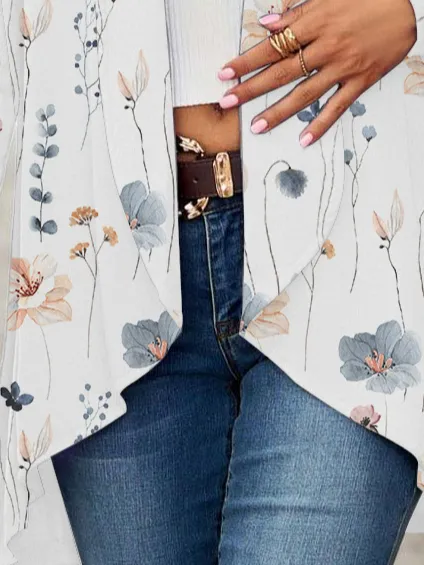 Floral Lapel Collar Casual Knitted Kimono