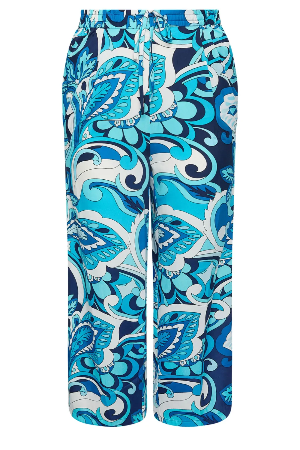 YOURS Curve Blue Abstract Print Drawstring Wide Leg Trousers