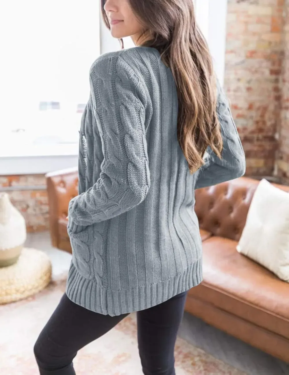 MEROKEETY Women's 2024 Fall Long Sleeve Cable Knit Sweater Open Front Cardigan Button Loose Outerwear