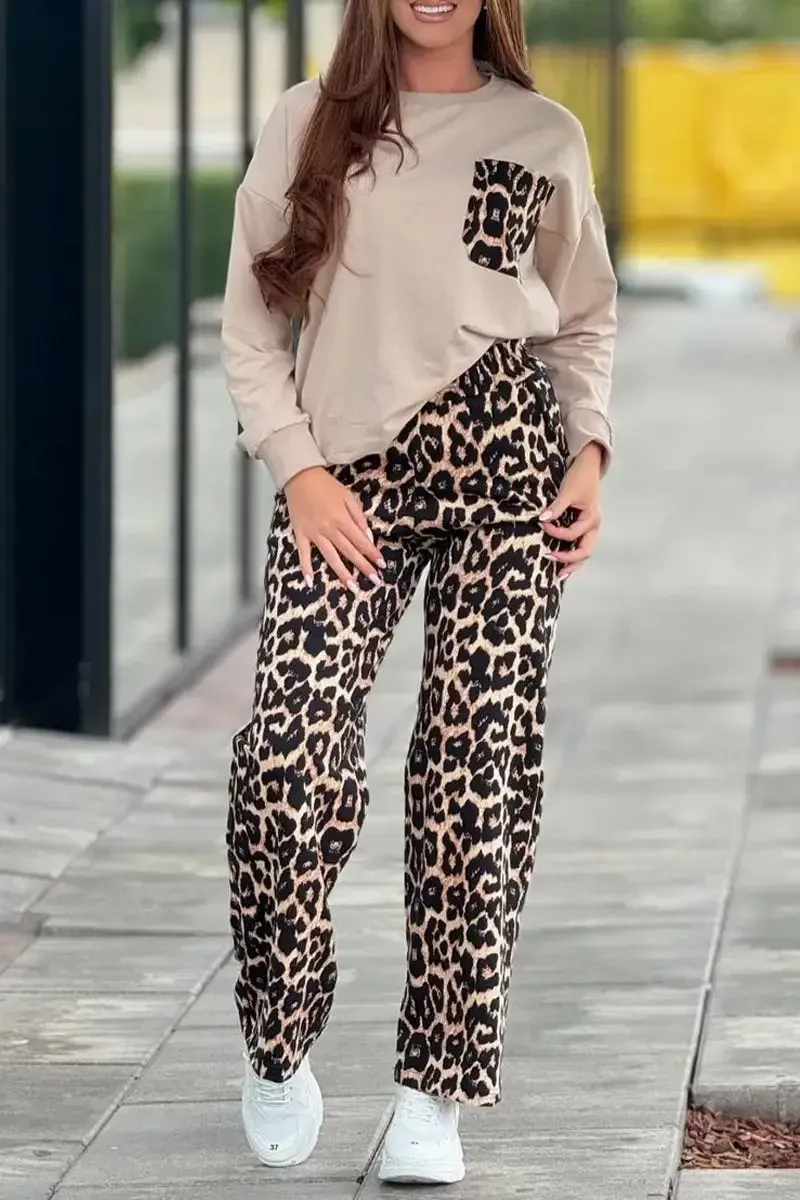 Women's Round Neck Long Sleeve Leopard Print Patchwork Suit