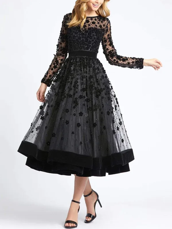 Embellished Sheer Long Sleeve A-Line Midi Dress