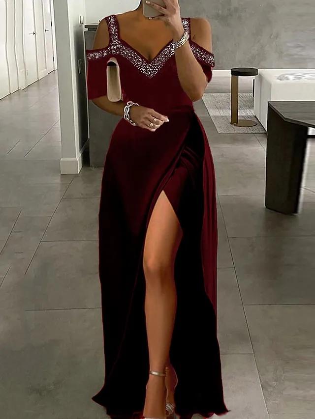 Women‘s Party Dress Black Dress Formal Dress Formal Evening Party Graduation Long Dress Maxi Dress Fashion Party V Neck Short Sleeve Patchwork Split 2023 Black Pure Color S M L XL 2XL