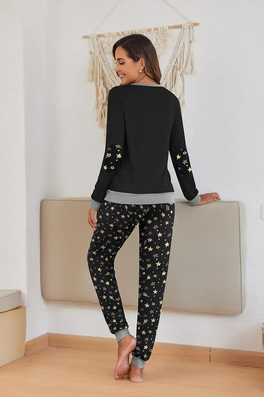 Women's Pajamas Sets Long Sleeve with Plaid Pants Soft Sleepwear O Neck 2 Piece Pjs Joggers Loung Set with Pockets