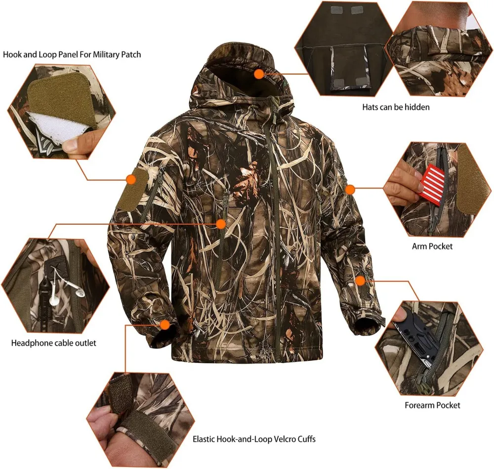 Hunting Jacket for Men Quiet Hunting Camouflage Clothing Hoodie Camo Coat Water-Repellent Windproof