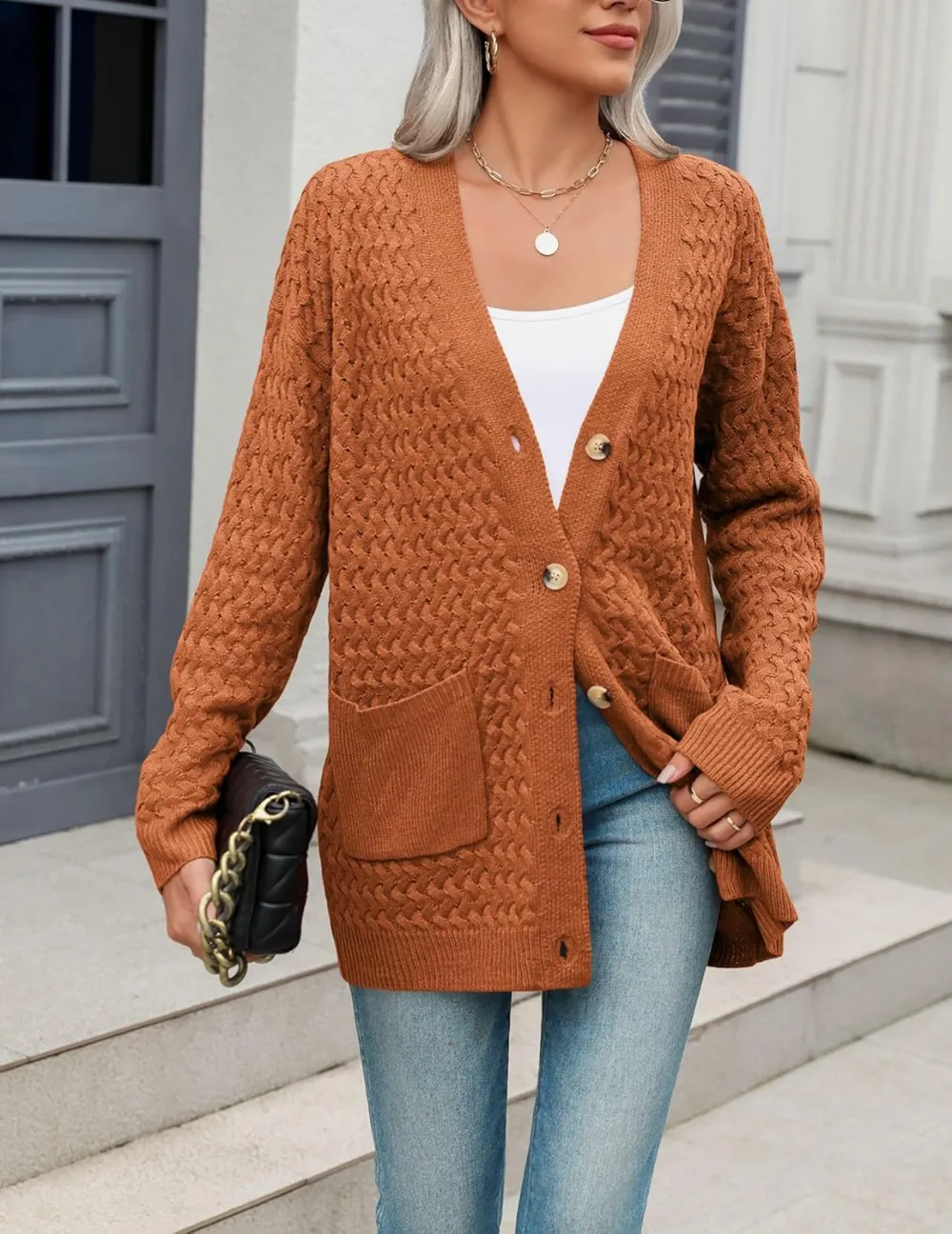 Womens 2024 Long Sleeve Chunky Cable Knit Fall Cardigans Sweaters Button Down Open Front Outerwear with Pockets
