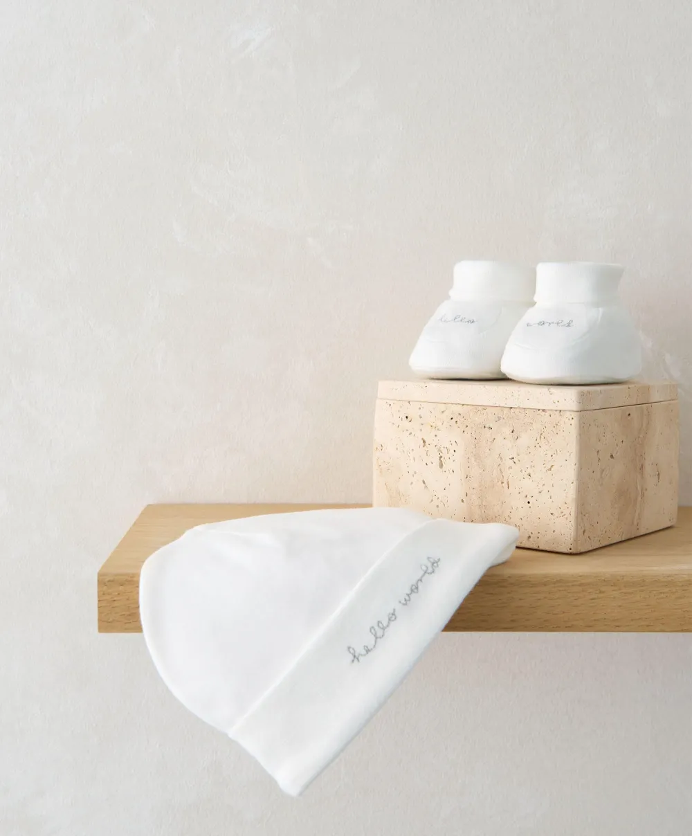 Hello World Hat & Booties - White