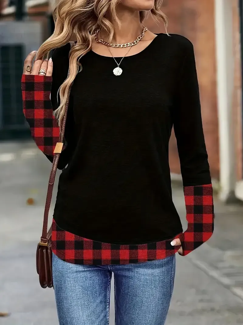 Elegant Women'S Color Block Long Sleeve T-Shirt - Polyester Knit Crew Neck Pullover with Medium Stretch, Regular Fit for Spring/Fall