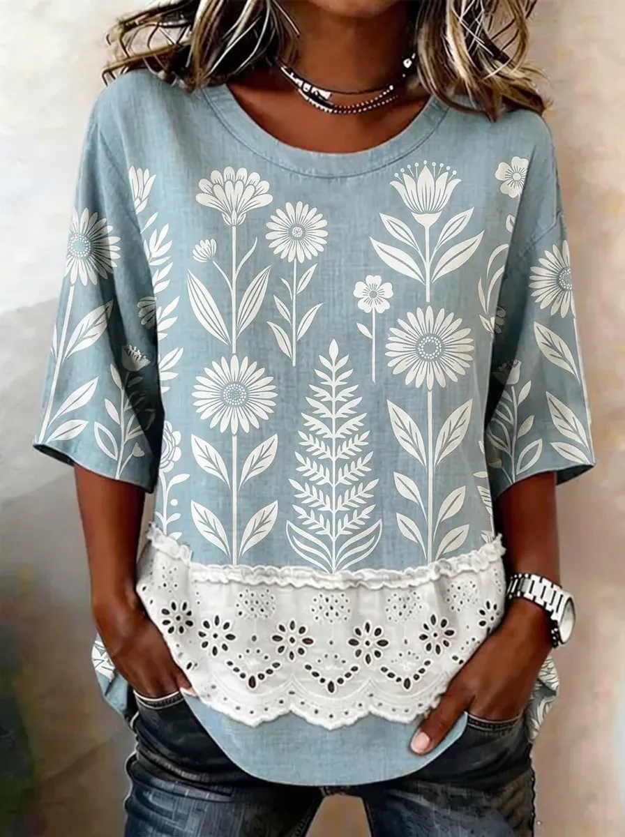 Women's Nashville Floral Botanical Printed Lace Trim Top