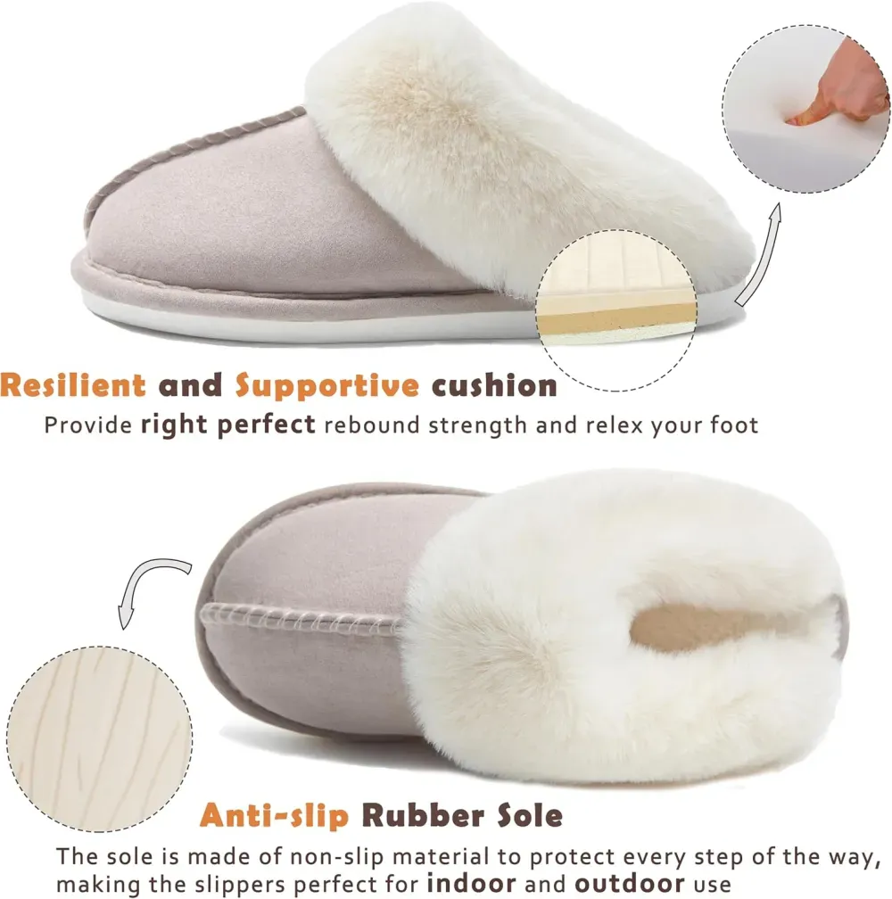 Womens Slipper with Memory Foam Fluffy Soft Warm Slip On House Slippers Anti-Skid Cozy Plush for Indoor Outdoor