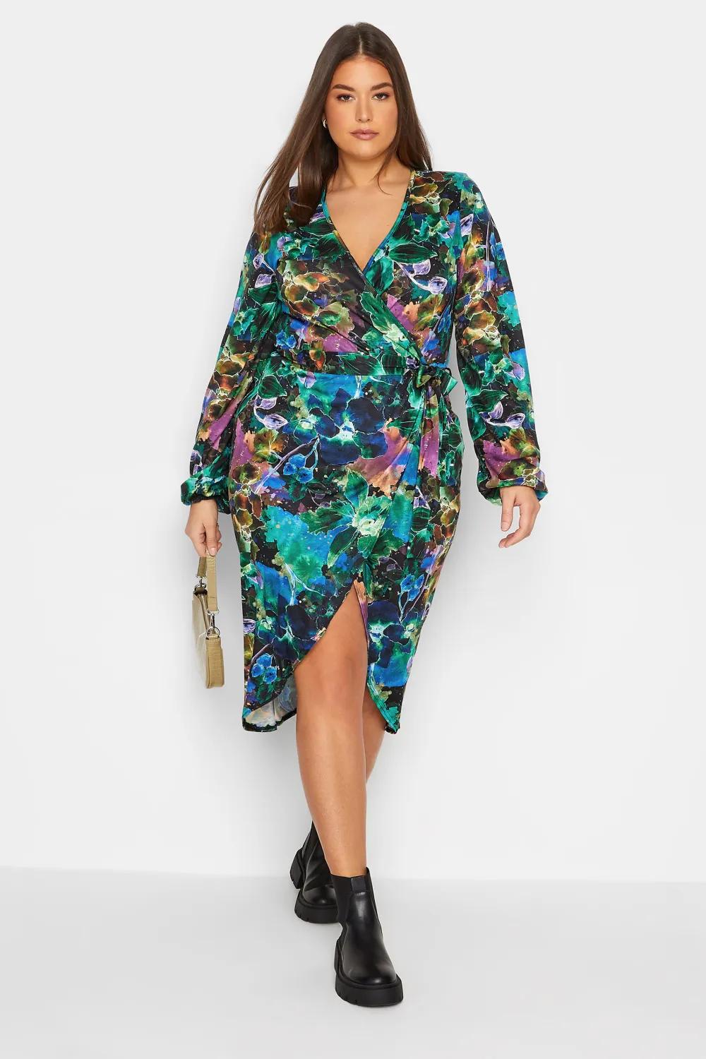 LTS Tall Black & Blue Floral Midi Wrap Dress