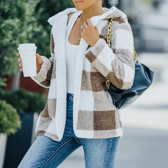 Plaid Open Front Hooded Coat