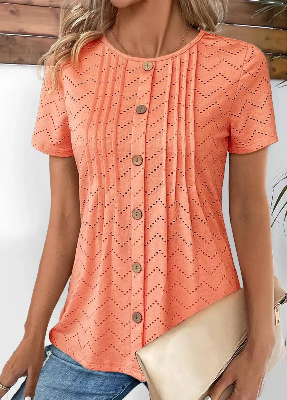 Orange Tuck Stitch Short Sleeve Round Neck T Shirt