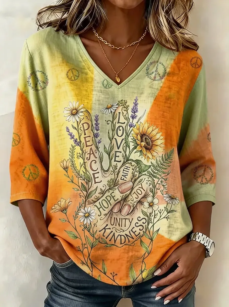 Women's Nashville Peace Sign Floral Printed V-neck Top