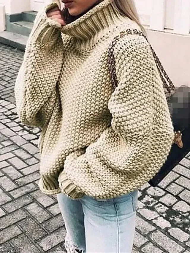 Women's Pullover Sweater Jumper Stylish Casual Soft Solid Color Ribbed Turtleneck Oversized Long Sleeve Regular Tops Knit Daily Going out Weekend Black Pink Fall Winter
